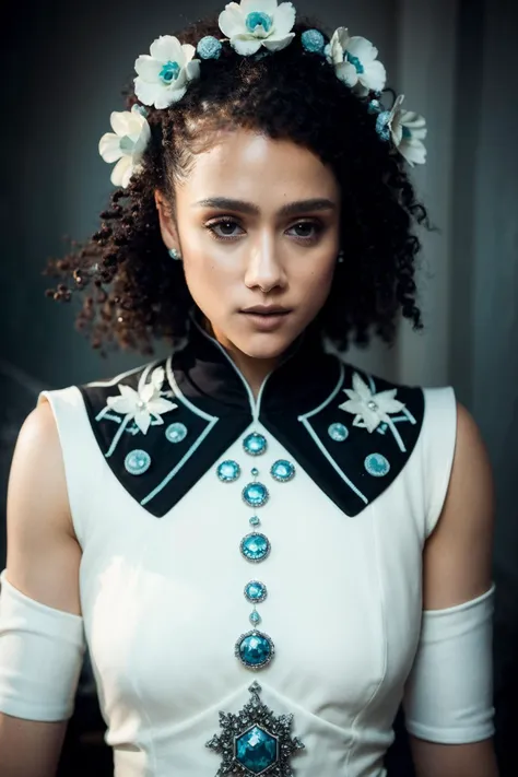 <lora:Nathalie_Emmanuel:0.85> Frostpunk Fashion Photography, white glacial blue, minimalism, smoked eye shadow, illuminated white bulging biomorphic dot pattern, illuminated eyes, glacial landscape, glacial flowers, bokeh snowflakes, volumetric particle dust, powdered paint pigment, vivid color, misty aether houte - couture rococo glacial clothing, holga medium format camera, etherial lighting, backlighting,(intricate details, hyperdetailed:1.15) (skin texture:1.2)