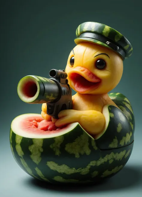 point of view style,rubber ducky aims a gun at the viewer,ral-wtrmln,8k,F2.8,RAW Photo,ultra detailed,soft lighting,real life,<lora:ral-wtrmln-sdxl:0.7>,<lora:point of view style v2:0.8>,