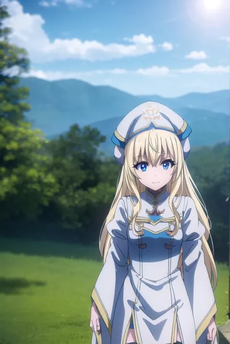 priestess, <lora:priestesss2-lora-nochekaiser:1>,
priestess, blonde hair, blue eyes, long hair, hair between eyes, (small breast:1.2), smile,
BREAK boots, dress, frilled sleeves, frills, hat, white headwear, pelvic curtain, high heels, robe, thigh boots, thighhighs, white thighhighs, long sleeves, puffy sleeves,
BREAK outdoors, grass, nature, forest, cloud, sky, sun,
BREAK looking at viewer, (cowboy shot:1.5),
BREAK <lyco:GoodHands-beta2:1>, (masterpiece:1.2), best quality, high resolution, unity 8k wallpaper, (illustration:0.8), (beautiful detailed eyes:1.6), extremely detailed face, perfect lighting, extremely detailed CG, (perfect hands, perfect anatomy),