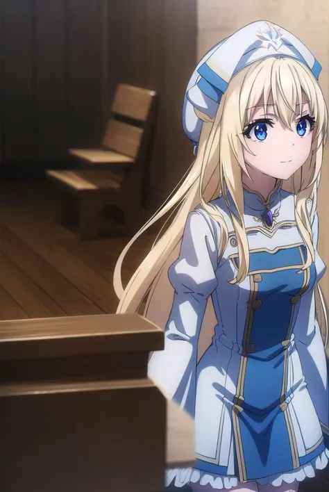 priestess, <lora:priestesss2-lora-nochekaiser:1>,
priestess, blonde hair, blue eyes, long hair, hair between eyes, (small breast:1.2), smile,
BREAK boots, dress, frilled sleeves, frills, hat, white headwear, pelvic curtain, high heels, robe, thigh boots, thighhighs, white thighhighs, long sleeves, puffy sleeves,
BREAK indoors, church,
BREAK looking at viewer, (cowboy shot:1.5),
BREAK <lyco:GoodHands-beta2:1>, (masterpiece:1.2), best quality, high resolution, unity 8k wallpaper, (illustration:0.8), (beautiful detailed eyes:1.6), extremely detailed face, perfect lighting, extremely detailed CG, (perfect hands, perfect anatomy),