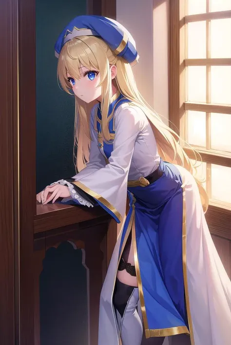 priestess, <lora:priestess-lora-nochekaiser:1>,
priestess, blonde hair, blue eyes, long hair, hair between eyes, (small breast:1.2),
BREAK boots, dress, frilled sleeves, frills, hat, high heels, robe, thigh boots, thighhighs, white thighhighs, long sleeves, puffy sleeves,
BREAK looking at viewer,
BREAK indoors, church,
BREAK <lyco:GoodHands-beta2:1>, (masterpiece:1.2), best quality, high resolution, unity 8k wallpaper, (illustration:0.8), (beautiful detailed eyes:1.6), extremely detailed face, perfect lighting, extremely detailed CG, (perfect hands, perfect anatomy),