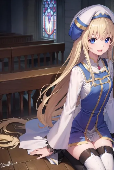 priestess, <lora:priestess-lora-nochekaiser:1>,
priestess, blonde hair, blue eyes, long hair, hair between eyes, (small breast:1.2), <lora:talkmouth_A_v100:1>, open mouth, smile,
BREAK boots, dress, frilled sleeves, frills, hat, white headwear, pelvic curtain, high heels, robe, thigh boots, thighhighs, white thighhighs, long sleeves, puffy sleeves,
BREAK looking at viewer,
BREAK indoors, church,
BREAK <lyco:GoodHands-beta2:1>, (masterpiece:1.2), best quality, high resolution, unity 8k wallpaper, (illustration:0.8), (beautiful detailed eyes:1.6), extremely detailed face, perfect lighting, extremely detailed CG, (perfect hands, perfect anatomy),