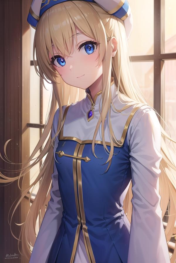 A woman in a blue dress and a hat with long blonde hair - SeaArt AI