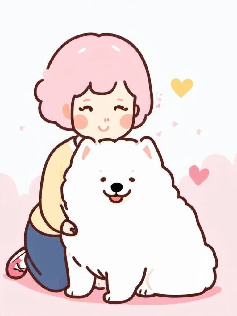 healing girl with short pink hair, petting samoyed dog <lora:[XL]healing_animal:1>