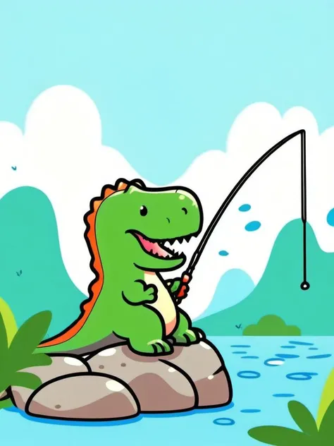 A healing t-rex holding a fishing rod, sitting on a  rock, catching fish <lora:[XL]healing_animal:1>