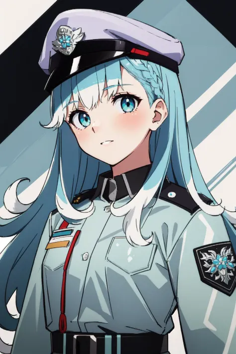 (masterpiece, best quality),  intricate details,
1girl, <lora:KoboHolo:0.8> Kobo, Multicolored hair, Aqua eyes,   kobo kanaeru, light blue hair, white hair tips, 
 <lora:Thai_police_uniform:0.6> Thai police uniform, 
 <lora:Elixir:0.8>