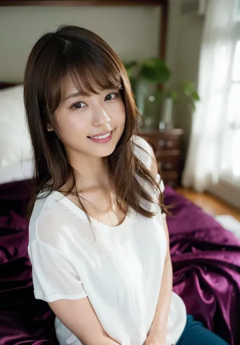 (8k, RAW photo, best quality, masterpiece:1.2), (photorealistic:1.6), (masterpiece),(best quality:1.0), (ultra highres:1.0), detailed, 40yo girl , solo , detailed beautiful skin, detailed room, ,realistic skin , medium breasts, best quality, ultra high res, cute, long hair , smile, , <lora:nudify_v12:0.3> , white shirt, , <lora:kasumiArimura_v30:0.8> , <lora:japaneseDollLikeness_v10:0.2> , sitting on bed,