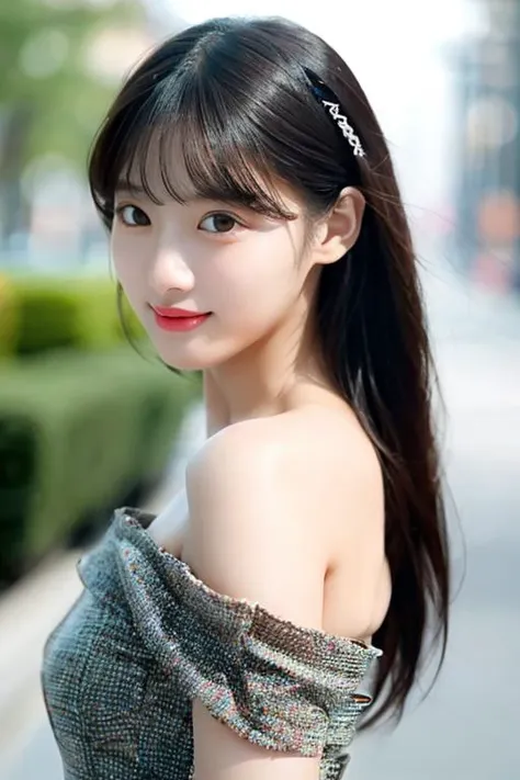 1girl, soro, (full body:1.2), shiny skin, super detailed skin, detailed beautiful face and eyes, spotlight, professional lighting, bangs, black hair, (outdoor, day, simple background, off shoulder dress), black eyes, kooo123,  <lora:off_shoulder_dress_v1:0.8>