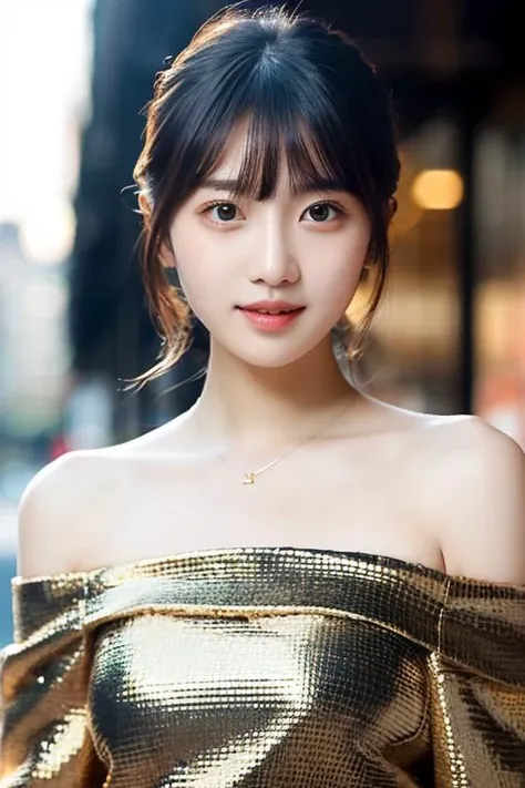 1girl, soro, (full body:1.2), shiny skin, super detailed skin, detailed beautiful face and eyes, spotlight, professional lighting, bangs, black hair, (outdoor, day, simple background, off shoulder dress), black eyes, kooo123,  <lora:off_shoulder_dress_v1:0.6>