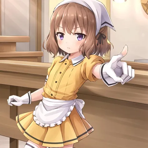 best quality, masterpiece, ultra-detailed, hoshikawa mafuyu, 1girl, black ribbon, eyelashes, flat chest, head scarf, hair ribbon, purple eyes, short hair, white apron, white gloves, white thighhighs, skirt, stile uniform, yellow skirt, objection, ace attorney, pointing