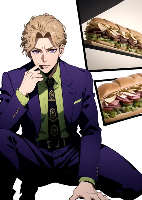 masterpiece, best quality, kira yoshikage, eatfresh, freshcock, fellatio, licking, sandwich, 1boy, blonde hair, short hair, mature male, cheekbones, purple eyes,, belt, formal, necktie, shoes, suit, aggressive, jungle, <lora:kirayoshikagetest:1>,  <lora:eatfresh2-35:1>