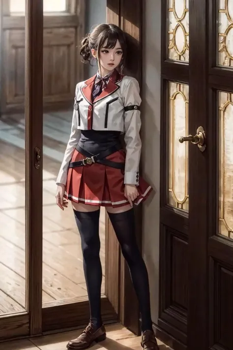 (work of art, best qualityer:1.2), cowboy shot, standing alone, 1 girl, grandeur, unexpressive, looking ahead at viewer, Ahoge, jaket, white shirt, red skirt, plaid hip skirt, black thighighs, wings, Tailpussy