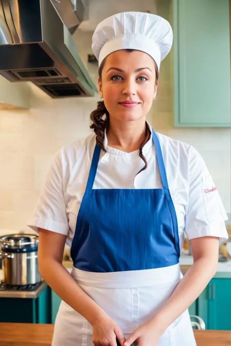 <lora:Aishwarya_Rai_V3:1> portrait of a woman wearing chef clothes, chef hat, apron, in kitchen,