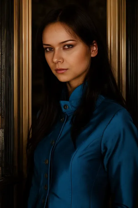 A stunning intricate full color portrait of a 20 year old woman,arrayed in an indigo vest, in a blacked-out crypt, ,epic character composition,by ilya kuvshinov, alessio albi, nina masic,sharp focus, subsurface scattering, f2, 35mm, film grain <lora:SuziDiam:1>