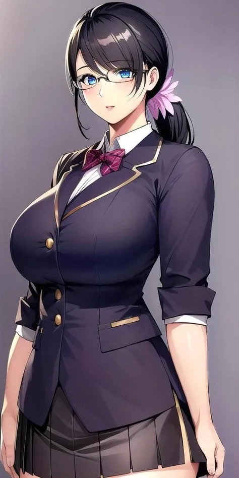 <lora:CattleyaV2:0.7>, cattleya_qb, huge breasts, standing, solo, skirt suit, , low_ponytail, masterpiece, best quality, detailed face, detailed eyes, highres,