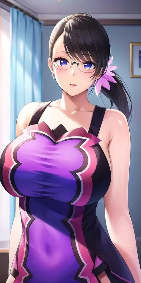 <lora:CattleyaV2:0.7>, cattleya_qb, huge breasts, standing, solo, cattleya_purple_highleg_leotard, , low_ponytail, masterpiece, best quality, detailed face, detailed eyes, highres,