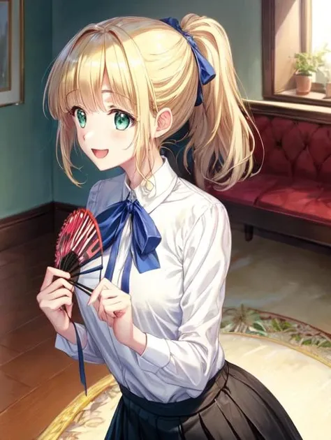 best quality, masterpiece, highres, detailed, perfect anatomy, <lora:Detail - add_detail:0.2>, <lora:TeresaW:0.8>, TeresaW, ponytail, happy, blonde hair, white blouse, black skirt, blue ribbon, green eyes, indoors exhibit, excited, holding fan,
