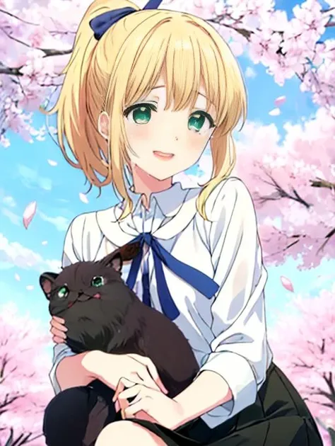 best quality, masterpiece, highres, detailed, perfect anatomy, <lora:Detail - add_detail:0.2>, <lora:TeresaW:0.8>, TeresaW, ponytail, happy, blonde hair, white blouse, black skirt, blue ribbon, green eyes, sakura, happy, smiling, happy tears, 1girl,
