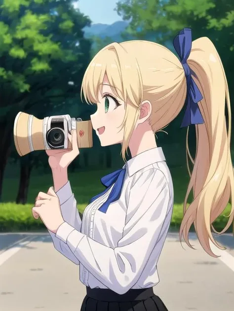 best quality, masterpiece, highres, detailed, perfect anatomy, <lora:Detail - add_detail:0.2>, <lora:TeresaW:0.8>, TeresaW, ponytail, happy, blonde hair, white blouse, black skirt, blue ribbon, outdoors, holding camera, taking a picture, from side, green eyes,