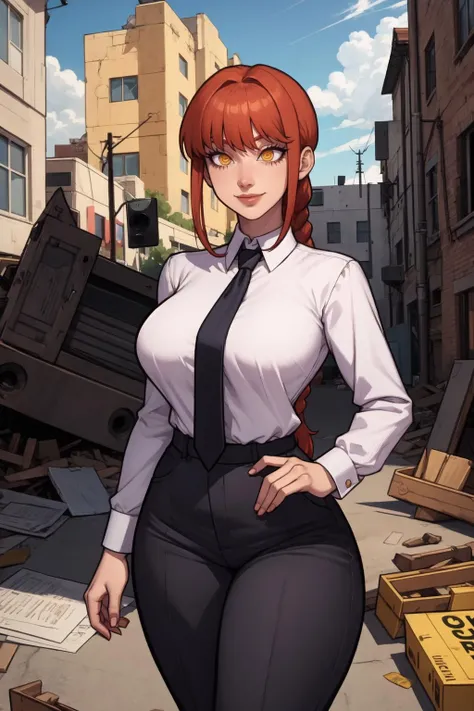 1girl, (solo:1.2), curvy, (masterpiece:1.2), (best quality:1.2), (perfect anatomy:1.4), (standing proud:1.4), (confident:1.2), smile
<lora:Asura [MockAI - v1.0]:0.8> asura, (film grain:1.2), (highly detailed shading:1.2), shiny skin, (large breasts:1.2), (cowboy shot:1.2), <lora:Makima [nochekaiser881 - v1.0]:0.8> makima, long hair, smile, bangs, (yellow eyes:1.2), braid, red hair, braided ponytail, ringed eyes, shirt, long sleeves, white shirt, necktie, collared shirt, pants, black pants, formal, suit, black necktie, shirt tucked in, office lady, (post fight scenery:1.3), rubble, outside, daylight
