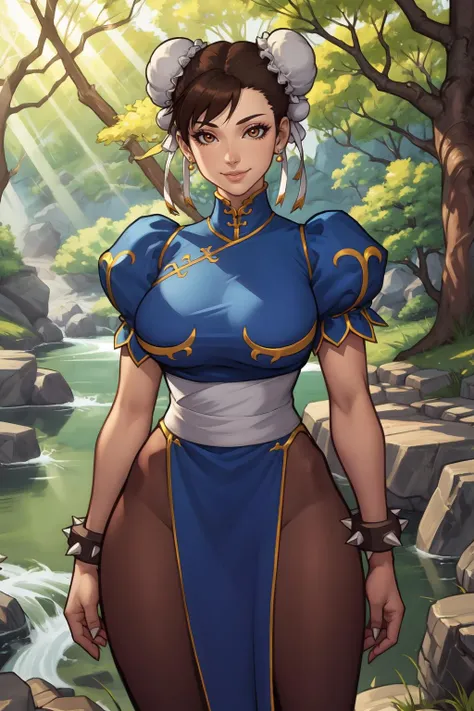 1girl, (solo:1.2), curvy, (masterpiece:1.2), (best quality:1.2), (perfect anatomy:1.4), (standing proud:1.4), (confident:1.2), smile
<lora:Asura [MockAI - v1.0]:0.8> asura, (film grain:1.2), (highly detailed shading:1.2), shiny skin, (large breasts:1.2), (cowboy shot:1.2) <lora:SF - Chun-Li [FrogTheJam - v1.0]:0.9> chun li, brown eyes, short hair, brown hair, double bun, bun cover, blue dress, pelvic curtain, spiked bracelet, sash, brown pantyhose, (secluded river scenery:1.2), (sunlight through trees:1.3), daylight,natural rock formations, nature,