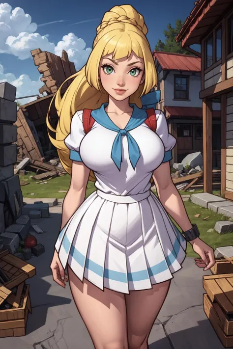 1girl, (solo:1.2), curvy, (masterpiece:1.2), (best quality:1.2), (perfect anatomy:1.4), (standing proud:1.4), (confident:1.2), smile
<lora:Asura [MockAI - v1.0]:0.8> asura, (film grain:1.2), (highly detailed shading:1.2), shiny skin, (large breasts:1.2), (cowboy shot:1.2), <lora:Lillie [h_madoka - v1.0]:0.7> aalillie, long hair, ponytail, french braid, blonde hair, white shirt, short sleeves, white skirt, pleated skirt, (post fight scenery:1.3), rubble, outside, daylight
