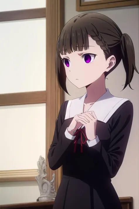 makishijou, <lora:maki shijou s3-lora-nochekaiser:1>,
maki shijou, bangs, blunt bangs, (purple eyes:1.1), twintails, two side up, braid, short twintails, brown hair,
BREAK long sleeves, dress, ribbon, school uniform, black dress, red ribbon, neck ribbon, collared dress, shuuchiin academy school uniform,
BREAK indoors, classroom,
BREAK looking at viewer, (cowboy shot:1.5),
BREAK <lyco:GoodHands-beta2:1>, (masterpiece:1.2), best quality, high resolution, unity 8k wallpaper, (illustration:0.8), (beautiful detailed eyes:1.6), extremely detailed face, perfect lighting, extremely detailed CG, (perfect hands, perfect anatomy),