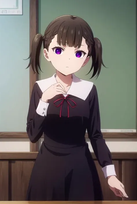makishijou, <lora:maki shijou s3-lora-nochekaiser:1>,
maki shijou, bangs, blunt bangs, (purple eyes:1.1), twintails, two side up, braid, short twintails, brown hair,
BREAK long sleeves, dress, ribbon, school uniform, black dress, red ribbon, neck ribbon, collared dress, shuuchiin academy school uniform,
BREAK indoors, classroom,
BREAK looking at viewer, (cowboy shot:1.5),
BREAK <lyco:GoodHands-beta2:1>, (masterpiece:1.2), best quality, high resolution, unity 8k wallpaper, (illustration:0.8), (beautiful detailed eyes:1.6), extremely detailed face, perfect lighting, extremely detailed CG, (perfect hands, perfect anatomy),