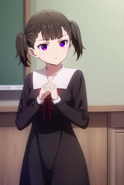 makishijou, <lora:maki shijou s3-lora-nochekaiser:1>,
maki shijou, bangs, blunt bangs, (purple eyes:1.1), twintails, two side up, braid, short twintails, brown hair,
BREAK long sleeves, dress, ribbon, school uniform, black dress, red ribbon, neck ribbon, collared dress, shuuchiin academy school uniform,
BREAK indoors, classroom,
BREAK looking at viewer, (cowboy shot:1.5),
BREAK <lyco:GoodHands-beta2:1>, (masterpiece:1.2), best quality, high resolution, unity 8k wallpaper, (illustration:0.8), (beautiful detailed eyes:1.6), extremely detailed face, perfect lighting, extremely detailed CG, (perfect hands, perfect anatomy),