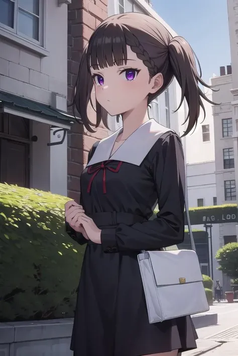 makishijou, <lora:makishijouv2-lora-nochekaiser:1>,
maki shijou, bangs, blunt bangs, (purple eyes:1.1), twintails, two side up, braid, short twintails,
BREAK long sleeves, dress, ribbon, school uniform, black dress, red ribbon, neck ribbon, collared dress, shuuchiin academy school uniform,
BREAK outdoors,
BREAK looking at viewer, (cowboy shot:1.5),
BREAK <lyco:GoodHands-beta2:1>, (masterpiece:1.2), best quality, high resolution, unity 8k wallpaper, (illustration:0.8), (beautiful detailed eyes:1.6), extremely detailed face, perfect lighting, extremely detailed CG, (perfect hands, perfect anatomy),