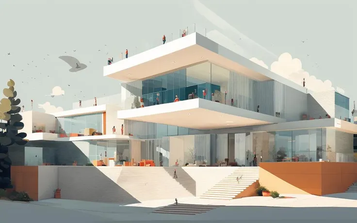 llustration of modern , highly detailed, (masterpiece), (high quality), best quality, super detailed, full detail, 4k ,8k, modern style architecture, exquisite details, illustration,, exterior, people walking through <lora:AIDVN_BartlettSchoolArtStyle:1>, (masterpiece,best quality:1.5)