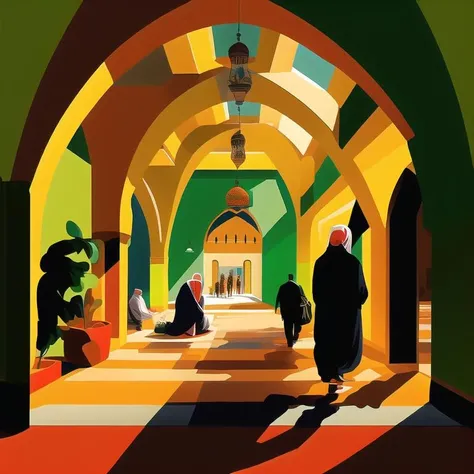 illustration of a Mosque, interior, people walking through <lora:illustrator:1.0>