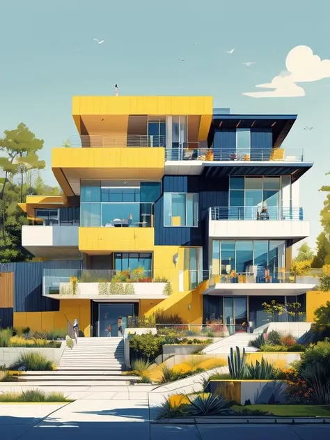 illustration of a modern style architecture, dramatic, exquisite details, steps, Navy Blue, Mustard Yellow, White <lora:AIDVN_BartlettSchoolArtStyle:1> <lora:more_details:0.8>