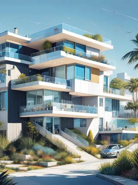 illustration of a  modern style architecture, luxury, exquisite details, steps, Royal Blue, Silver, Gray <lora:AIDVN_BartlettSchoolArtStyle:1> <lora:more_details:0.8>