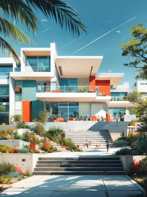 illustration of a modern style architecture, luxury, exquisite details, steps, Turquoise, Coral, White <lora:AIDVN_BartlettSchoolArtStyle:1> <lora:more_details:0.8>