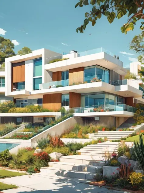 illustration of a modern style architecture, luxury, exquisite details, steps, Burgundy, Sage Green, Beige <lora:AIDVN_BartlettSchoolArtStyle:1> <lora:more_details:0.8>