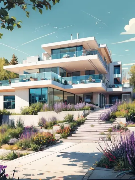 illustration of a modern style architecture, luxury, exquisite details, steps, Lavender, Champagne, Lilac <lora:AIDVN_BartlettSchoolArtStyle:1> <lora:more_details:0.8>