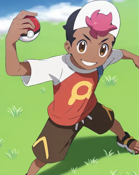 best quality, blue sky, cloud, on grass, grass, (solo, 1boy, male focus, action pose, full body, (fisheye), foreshortening, from above), poke ball, smile, looking at viewer, <lora:roy_anipoke:1> roy_anipoke, duotone hair, black and pink hair, dark skin, white hat, shorts