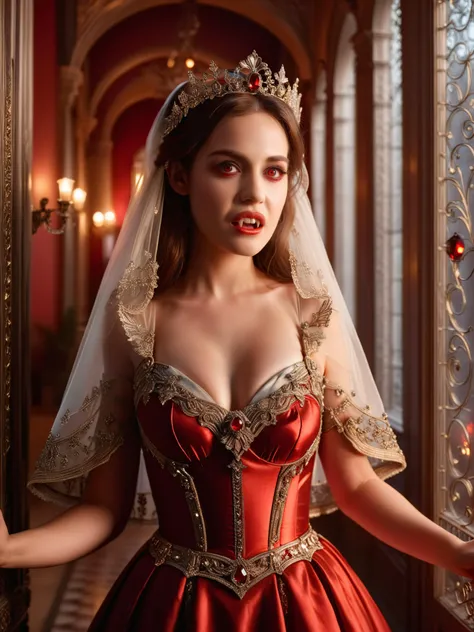 <lora:ral-crztlgls:1> <lora:vampire teeth v3:1> A beautiful young vampire walks through the corridors of a old palace showing her vampire teeth with her mouth open, hands apart, her beauty and elegance is only surpassed by her dress made of the finest ral-crztlgls, the finest details adorn the dress and her hair, a delicate veil surrounds her, the soft light nestles dreamlike around her being, a warm scene that could have sprung from a fairy tale, she is the epitome of virginal purity, at midnight, jewelry, red and dark brown and iridescent gold color scheme, various magical poses, Gothic style, dimly lit, rim lighting, high resolution, best quality, 4k, ultra-detailed <loractl:bhrf-xl:0:hr=1> <lora:RC-XL:2> <lora:add-detail-xl:1>