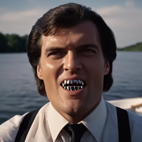 cinematic film still of  <lora:James Bond 007 style:0.9> detailed sharp image of
Scary Jaws Richard Kiel metal silver vampire teeth a man in a boat with surprise look,solo,open mouth,shirt,black hair,1boy,male focus,bird,parody,suspenders,realistic,horror (theme),what,fine art parody , dramatic light, dramatic shadow light, contrast, cinematic color, cinematic look, filmic, realistic, realism, perfection, perfect, Kodak, Kodak film, movie still, spy film, action themed, espionage, James Bond style, James Bond film style, 007 style, 007 film style
 <lora:vampire teeth v3:0.2>, shallow depth of field, vignette, highly detailed, high budget, bokeh, cinemascope, moody, epic, gorgeous, film grain, grainy