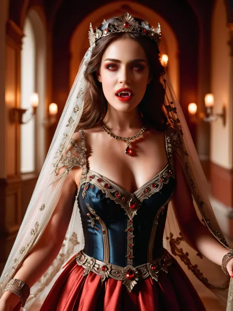 <lora:ral-crztlgls:1> <lora:vampire teeth v3:1> A beautiful young vampire walks through the corridors of a old palace showing her vampire teeth with her mouth open, hands apart, her beauty and elegance is only surpassed by her dress made of the finest ral-crztlgls, the finest details adorn the dress and her hair, a delicate veil surrounds her, the soft light nestles dreamlike around her being, a warm scene that could have sprung from a fairy tale, she is the epitome of virginal purity, at midnight, jewelry, red and dark brown and iridescent gold color scheme, various magical poses, Gothic style, dimly lit, rim lighting, high resolution, best quality, 4k, ultra-detailed <loractl:bhrf-xl:0:hr=1> <lora:RC-XL:2> <lora:add-detail-xl:1>