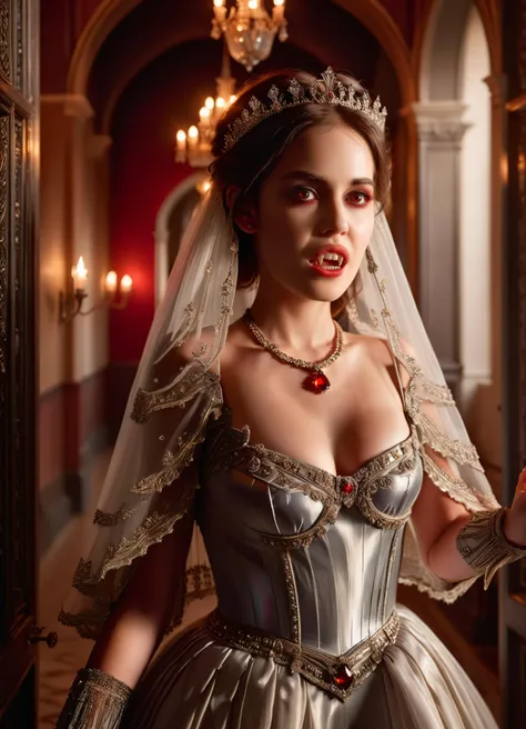 <lora:ral-crztlgls:1> <lora:vampire teeth v3:1> A beautiful young vampire walks through the corridors of a old palace showing her vampire teeth with her mouth open, hands apart, her beauty and elegance is only surpassed by her dress made of the finest ral-crztlgls, the finest details adorn the dress and her hair, a delicate veil surrounds her, the soft light nestles dreamlike around her being, a warm scene that could have sprung from a fairy tale, she is the epitome of virginal purity, at midnight, jewelry, red and dark brown and iridescent gold color scheme, various magical poses, Gothic style, dimly lit, rim lighting, high resolution, best quality, 4k, ultra-detailed <loractl:bhrf-xl:0:hr=1> <lora:RC-XL:2> <lora:add-detail-xl:1>