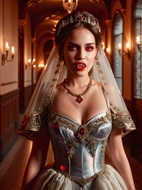 <lora:ral-crztlgls:1> <lora:vampire teeth v3:1> A beautiful young vampire walks through the corridors of a old palace showing her vampire teeth with her mouth open, hands apart, her beauty and elegance is only surpassed by her dress made of the finest ral-crztlgls, the finest details adorn the dress and her hair, a delicate veil surrounds her, the soft light nestles dreamlike around her being, a warm scene that could have sprung from a fairy tale, she is the epitome of virginal purity, at midnight, jewelry, red and dark brown and iridescent gold color scheme, various magical poses, Gothic style, dimly lit, rim lighting, high resolution, best quality, 4k, ultra-detailed <loractl:bhrf-xl:0:hr=1> <lora:RC-XL:2> <lora:add-detail-xl:1>
