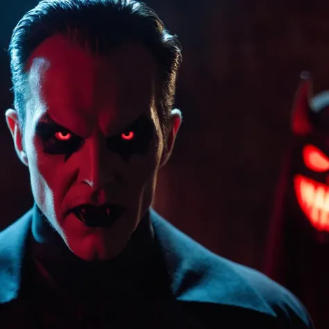 cinematic film still of  <lora:vampire fangs teeth 2:1.2>
A man in a black costume with red eyes and a devil mask and Vampire Fangs Teeth staring at camera in a dark room with strong spot light on, shallow depth of field, vignette, highly detailed, high budget, bokeh, cinemascope, moody, epic, gorgeous, film grain, grainy