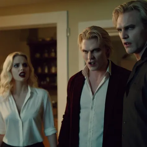 cinematic film still of <lora:vampire fangs teeth 2:1.2>
Female Vampire a blonde man and a blonde woman are standing in a kitchen with Vampire Fangs Teeth looking angry at something, shallow depth of field, vignette, highly detailed, high budget, bokeh, cinemascope, moody, epic, gorgeous, film grain, grainy