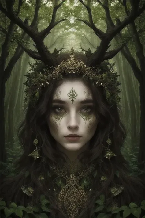 woman in a mythical forest, masterpiece, perfect face, intricate details, horror theme