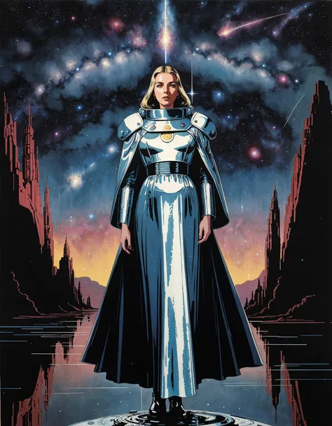 retro illustration, art, painting, sci-fi, science fiction, retrofuturism, 1970 style, Woman in survival gear, (long plastic tunic:1.1), large reflective cape, (very large shoulder pads:1.2), art by Bruce Pennington, exploring, (starry sky:1.1), (glass trim:1.1), poncho, (erotica:1.2), cleavage cutout, (long skirt:1.2), front slit, (Overhang:1.2)