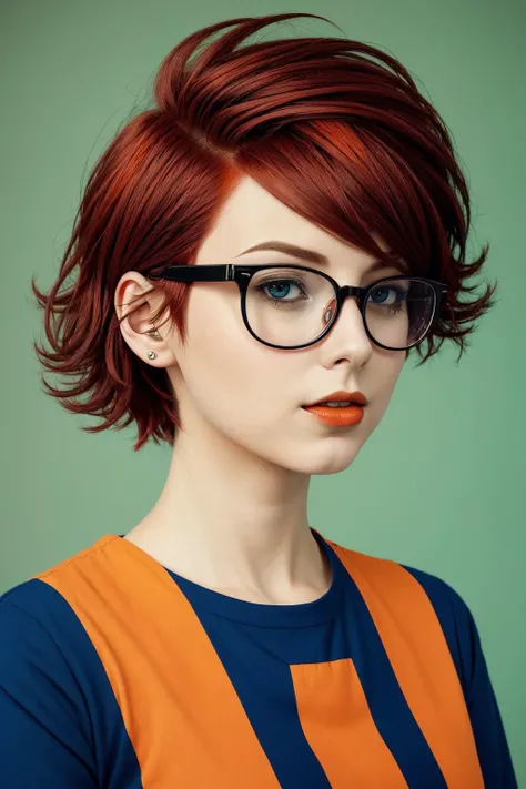 1girl, nerdy, <lora:nerdy_fc_v1.0.safetensors:0.5>, glasses, anime, absurdres illustration,, portrait of woman by Flora Borsi, style by Flora Borsi, bold, bright colours, orange Mohawk haircut, ((Flora Borsi))