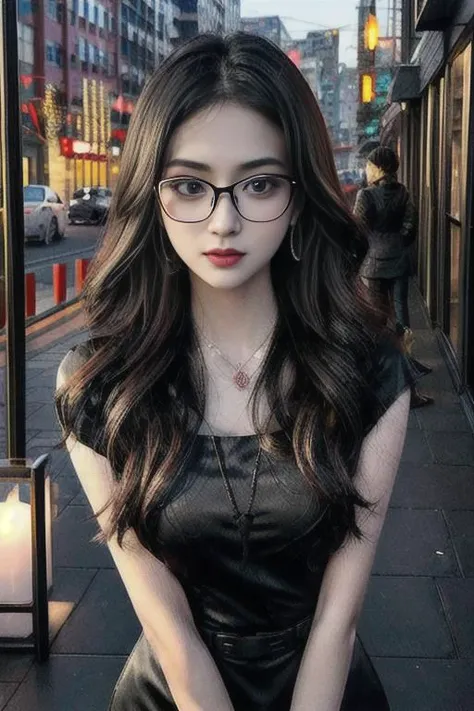 A gorgeous girl , with a black frame glasses , is posing for a picture, full body red dress, office lady, nice body, inside coffee shop, with a Univiery library backgroun, show full body, a diamond necklace, and earrings, alter modern, attractive, flirting, looking at the viewer, detailed skin, ((city environment)), cinematic lighting, <lora:more_details:1>, <lora:taiwanDollLikeness_v20:0.3> <lora:chinaDollLikeness_v10:0.7>, <lora:seeThroughSilhouette_v10:0.7>