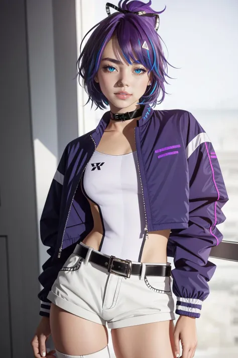 (masterpiece, best quality), intricate details,
<lora:melody:0.8> melody, bandaid, bandaid on nose, blue eyes,, outfit1, hair ornament, thighhighs, gloves, long sleeves, jacket, purple hair, choker, belt, cropped jacket, white shorts, asymmetrical legwear, white jacket, ponytail, short hair, multicolored hair, black purple leotard,
